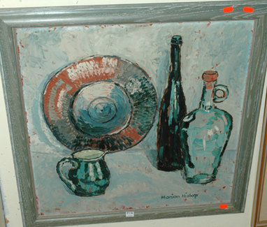 Appraisal: MARION HISLOP STILL LIFE WITH BOTTLES OIL ON BOARD