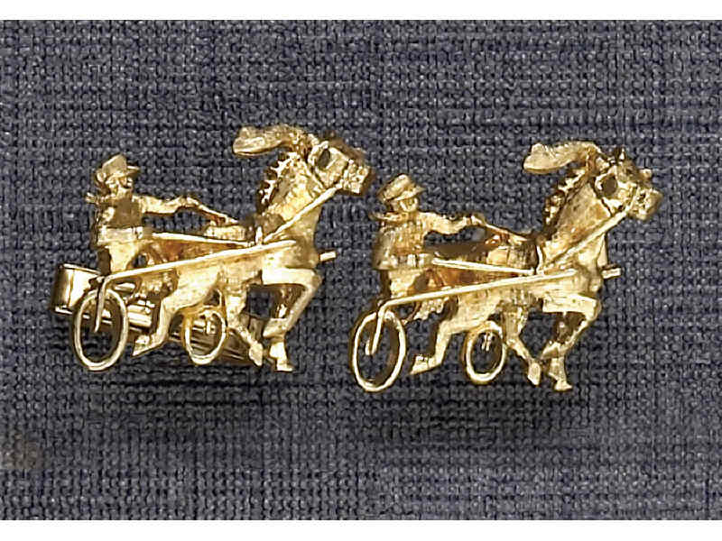 Appraisal: GOLD CUFFLINKS k yellow gold hand engraved with horse racing