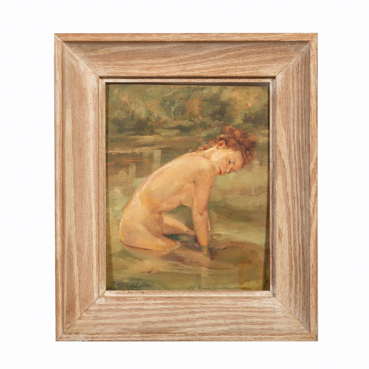 Appraisal: AMERICAN SCHOOL FEMALE NUDE BATHING OIL PAINTING American school th