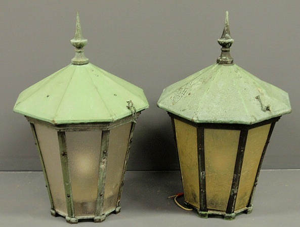 Appraisal: Pair of verdigris copper post lamps with glass panes th