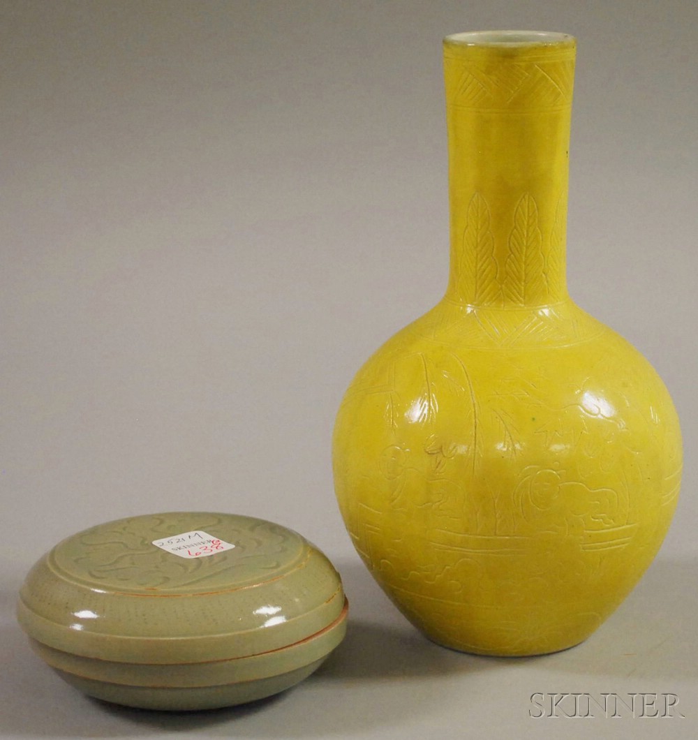 Appraisal: Yellow Enameled Globular Vase and a Yaozhou-type Box and Cover