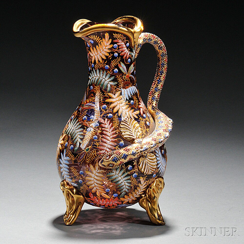 Appraisal: Moser-type Gilded and Enameled Lavender Glass Pitcher Bohemia late th