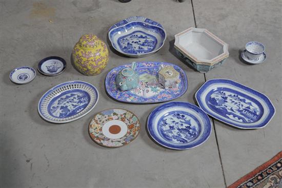 Appraisal: GROUP OF ASIAN CERAMICS AND ENAMEL TRAY Canton plate reticulated