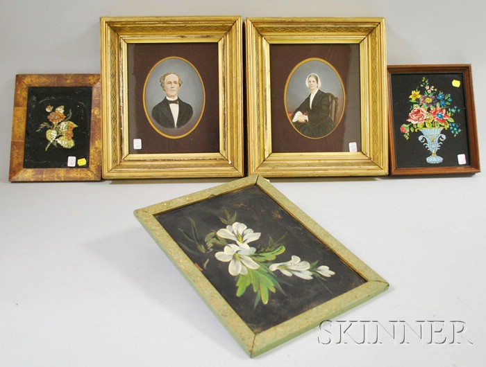 Appraisal: Five Assorted Framed Items two tinsel floral still lifes a