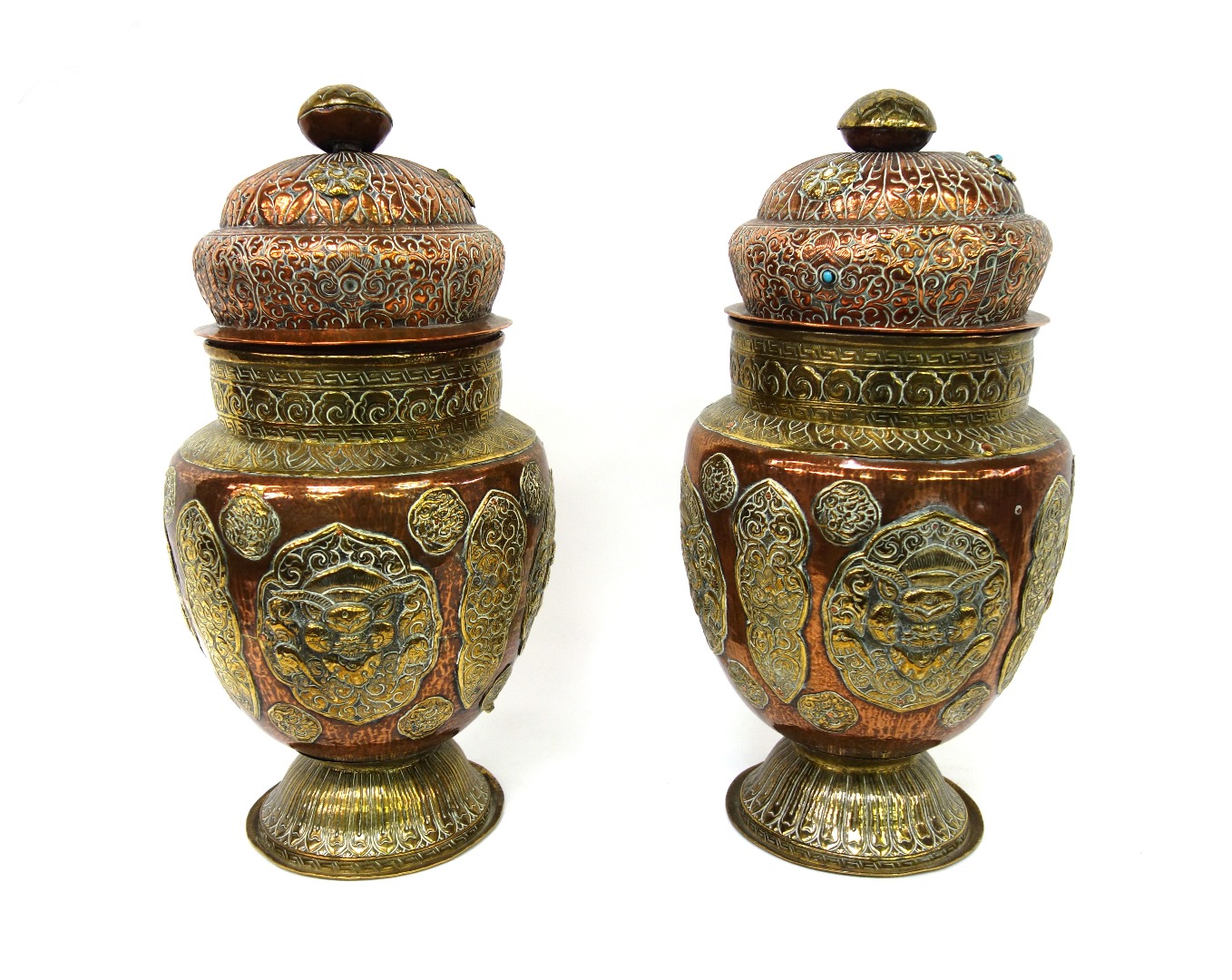 Appraisal: A pair of Tibetan copper and brass baluster jars and