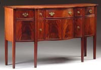 Appraisal: FINE INLAID CENTENNIAL SERPENTINE FRONT HEPPLEWHITE SIDEBOARD Central drawer having