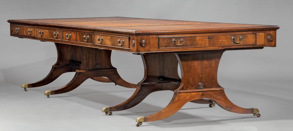 Appraisal: Monumental Antique George III-Style Mahogany Partner's Desk three-paneled inset leather