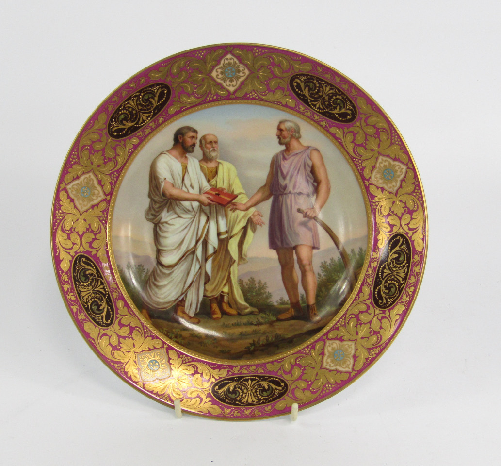 Appraisal: A Vienna porcelain plate painted with classical figures titled Cincinnatus