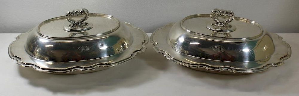 Appraisal: STERLING Pair of Tiffany Co Covered Vegetables Scroll form handles