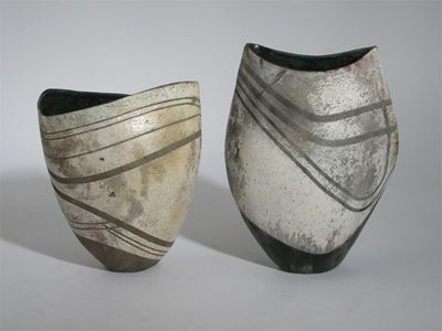 Appraisal: David Howard Jones a Raku vase elliptical form glazed white