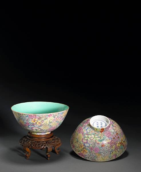 Appraisal: A pair of 'mille fleurs' enameled porcelain bowls Yongzheng Marks