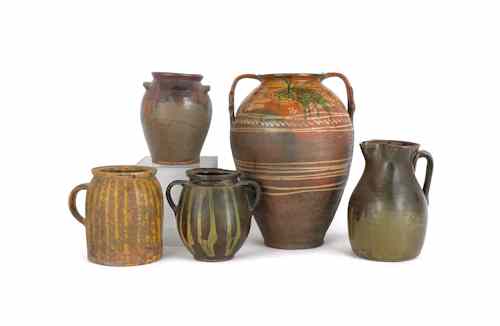 Appraisal: Five redware stoneware crocks tallest - h