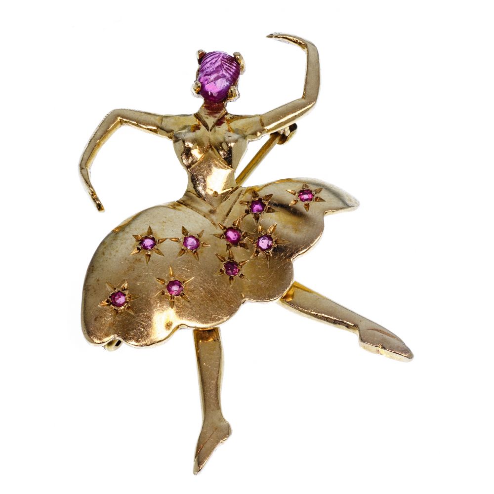 Appraisal: K YELLOW GOLD AND RUBY BALLERINA BROOCHHaving a carved ruby