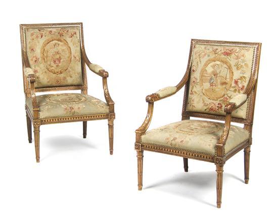 Appraisal: Pair of Gilt Louis XVI Style Fauteuils having needlepoint back