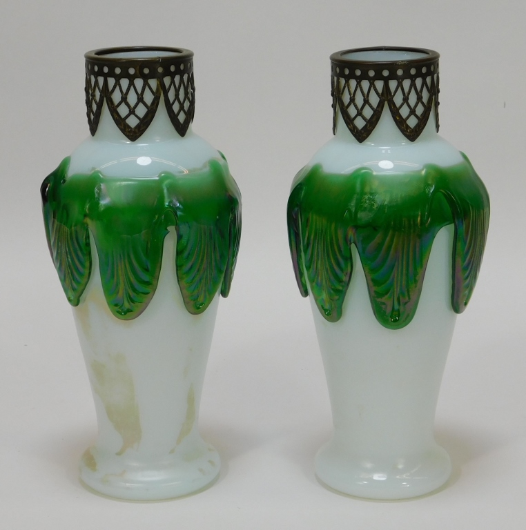 Appraisal: PR OPALINE AND GREEN BOHEMIAN ART GLASS VASES Bohemia th