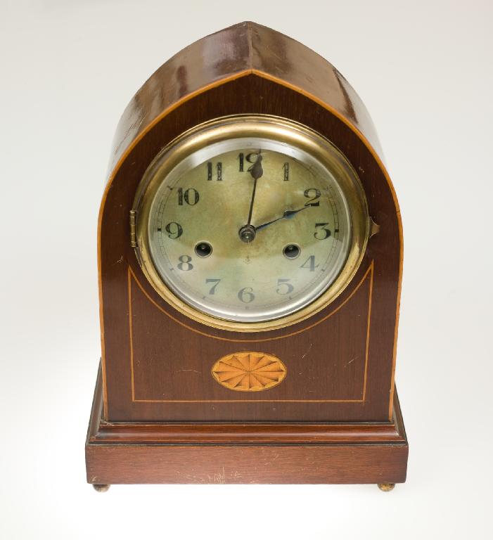 Appraisal: EDWARDIAN INLAID MAHOGANY MANTEL CLOCK the lancet-form case inlaid with