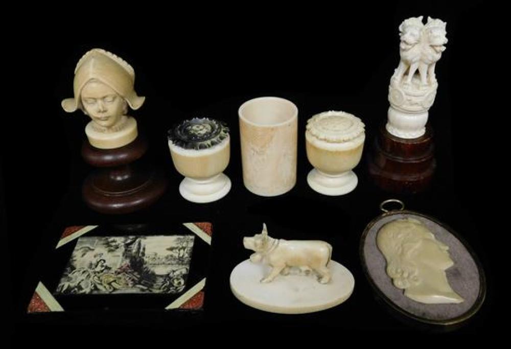 Appraisal: Ivory mostly Continental th th C eight pieces including relief