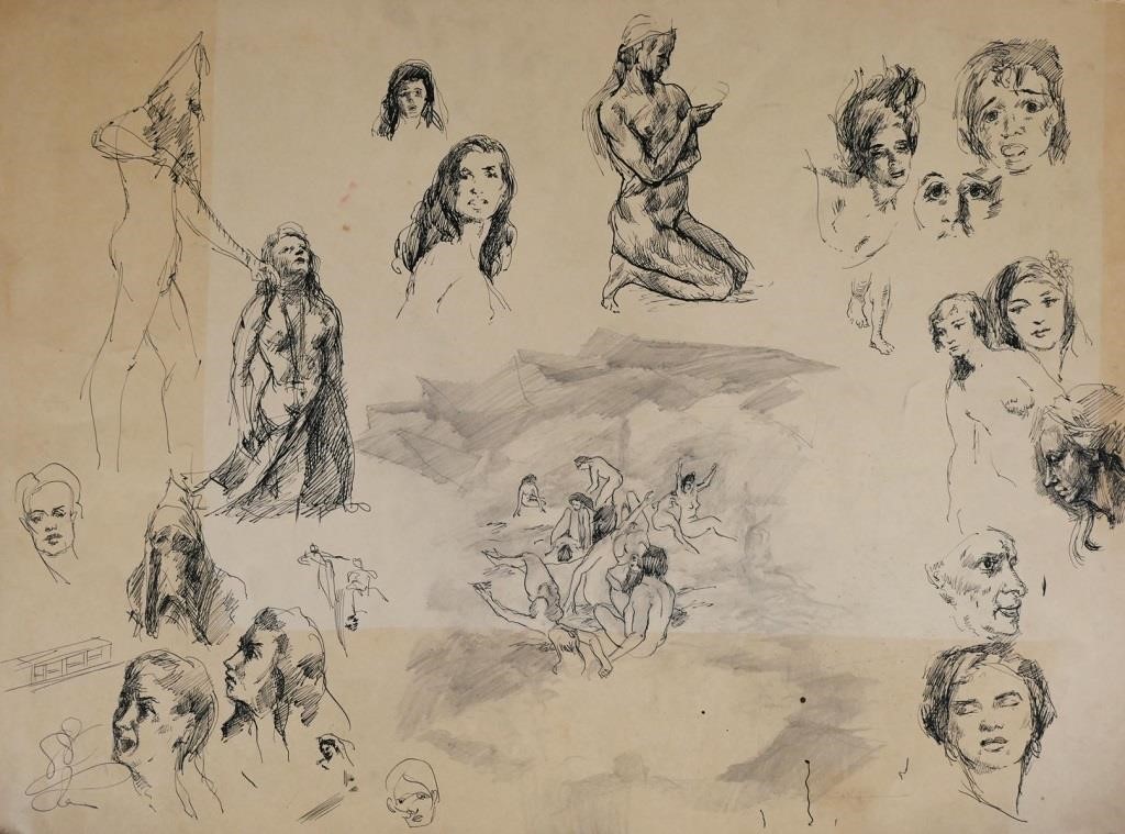 Appraisal: Group of figural sketches on a single sheet by Raymond