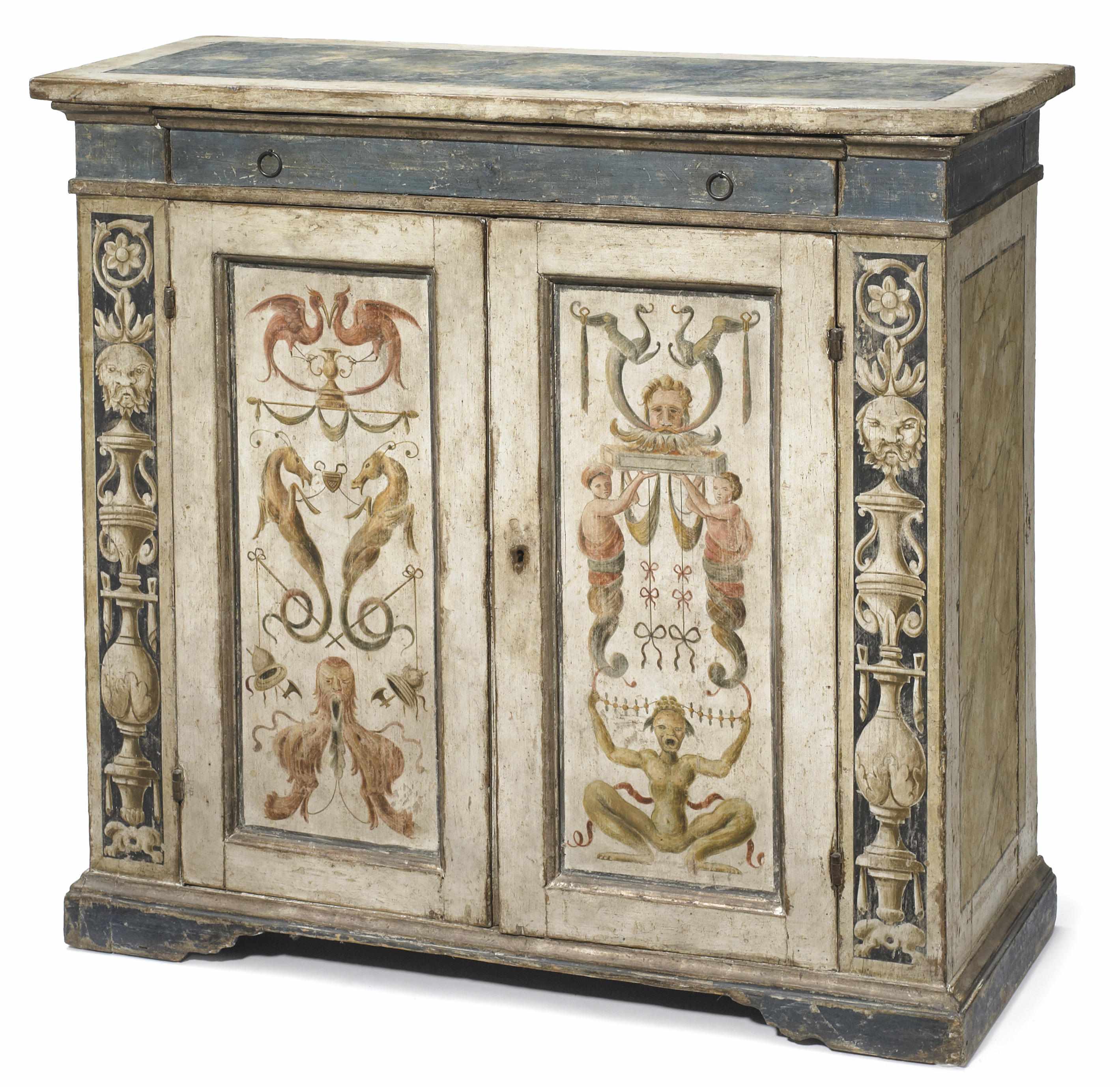 Appraisal: An Italian Baroque paint decorated side cupboard first half th