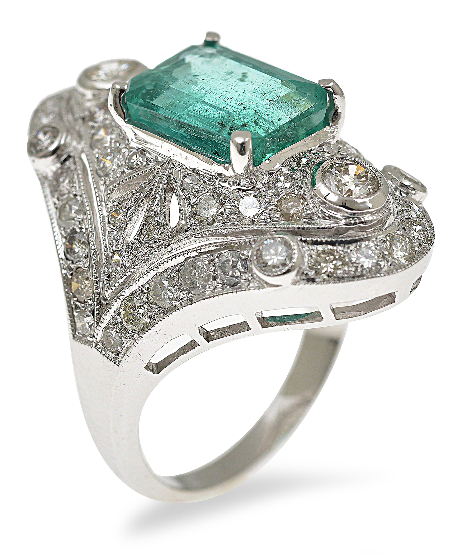 Appraisal: AN ART DECO STYLE EMERALD AND DIAMOND RING The pierced