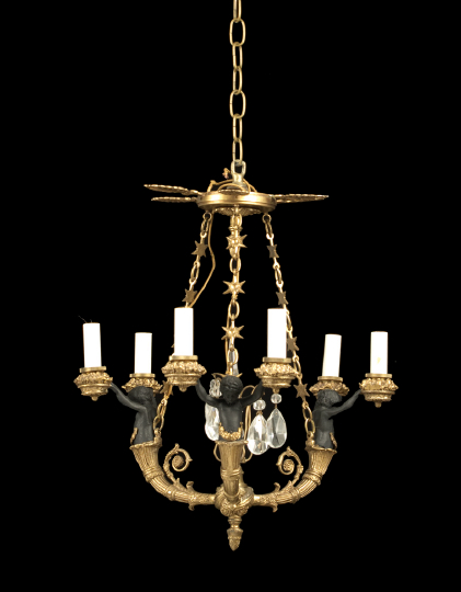 Appraisal: Delicate Empire-Style Bronze-Patinated and Gilt-Lacquered Brass Six-Light Chandelier the canopy