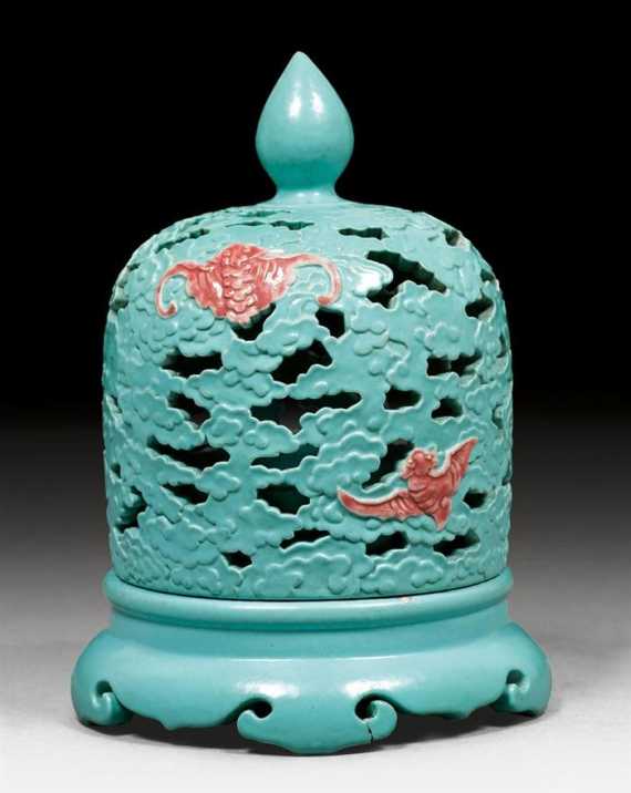 Appraisal: A TURQUOISE GLAZED CENSER THE COVER PIERCED WITH CLOUDS AND