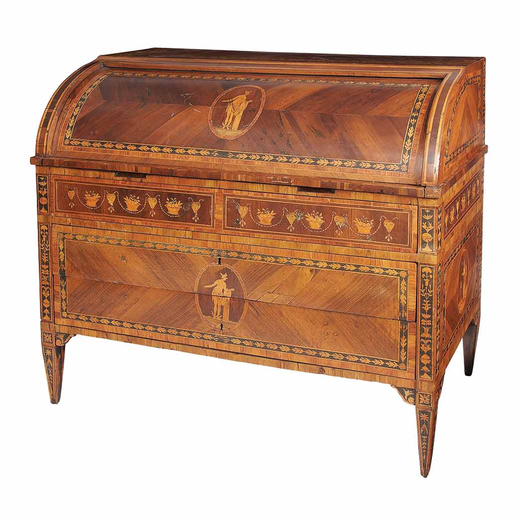 Appraisal: Northern Italian Neoclassical Tulipwood Walnut and Marquetry Cylinder Desk Lombardy