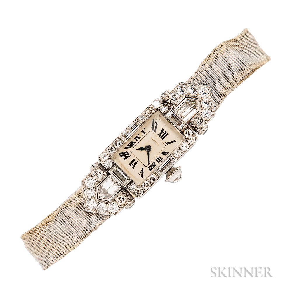 Appraisal: Art Deco Platinum and Diamond Wristwatch Cartier Art Deco Platinum