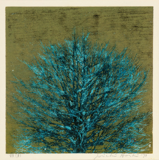 Appraisal: Joichi Hoshi Japanese - Branch Blue Woodcut and silkscreen in