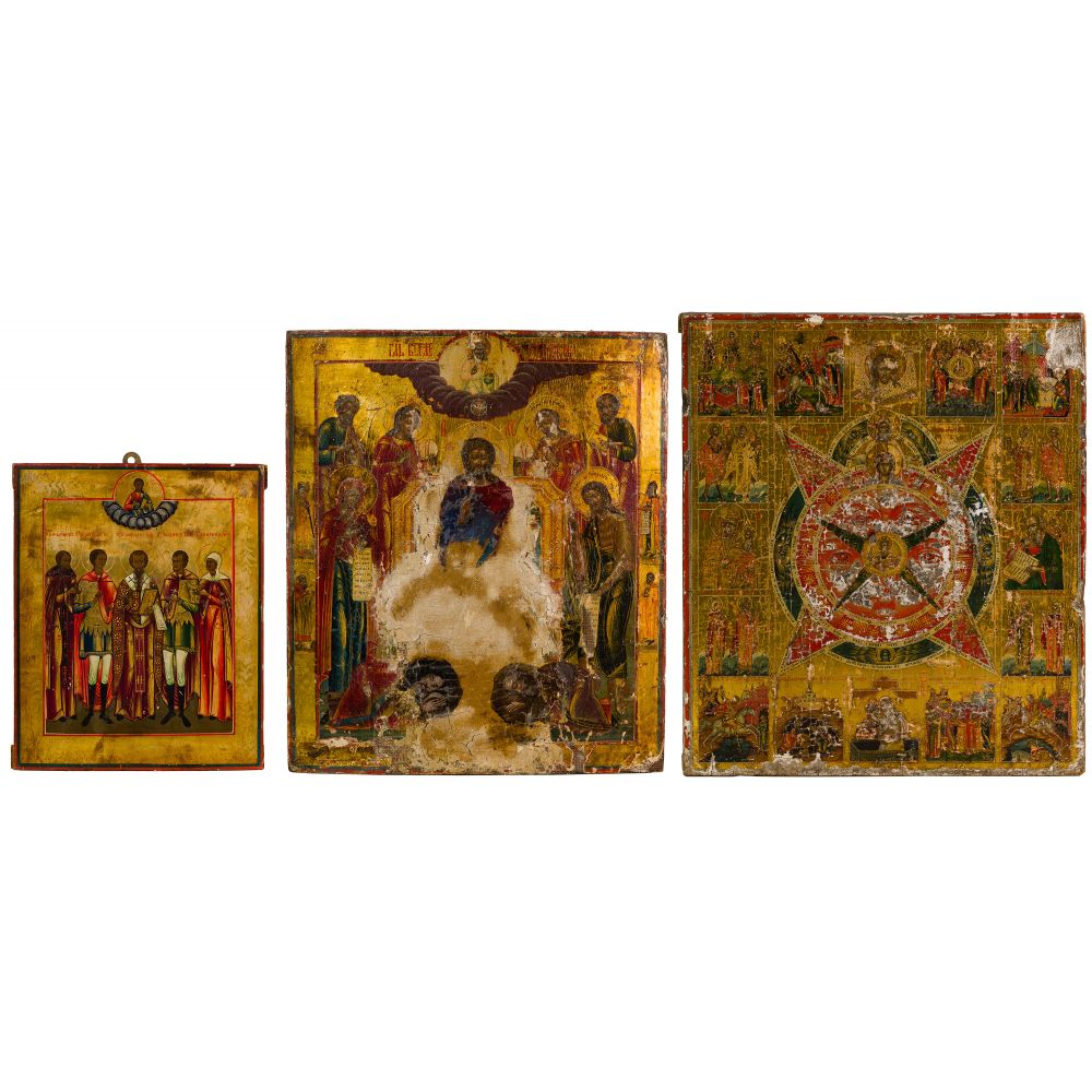 Appraisal: EASTERN ORTHODOX ICON ASSORTMENT items including the Russian depictions of