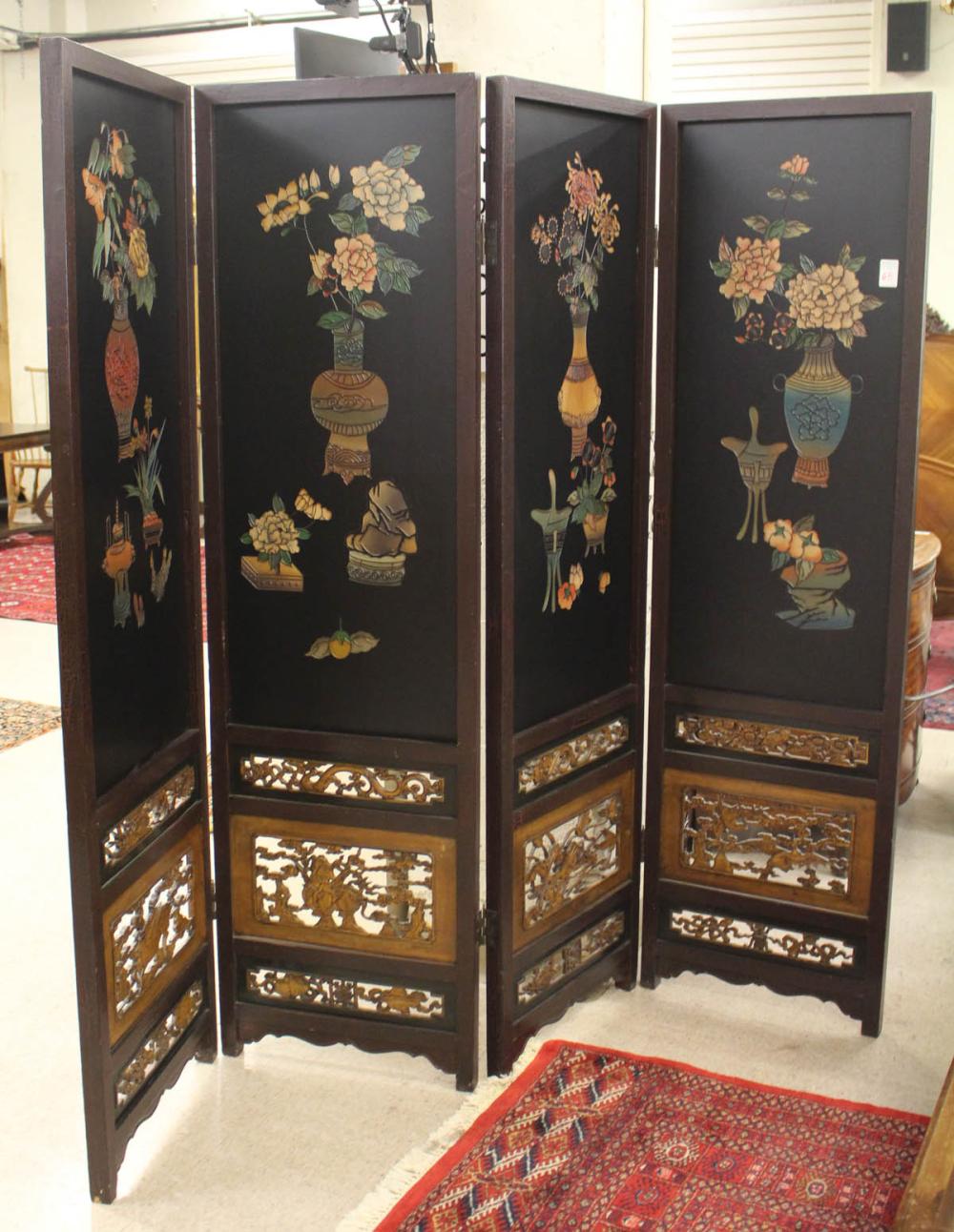 Appraisal: CHINESE EXPORT FLOOR SCREEN four black lacquer and carved wood