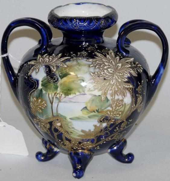 Appraisal: Nippon Vase Hand-painted Nippon Cobalt blue doubled handled vase Signed