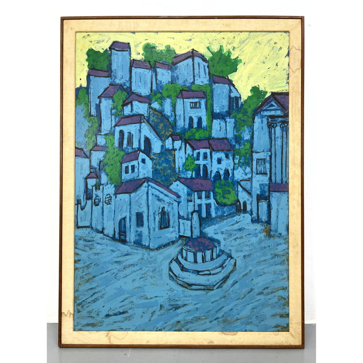 Appraisal: Village Landscape Painting Blue Piazza on Masonite KARL MANN Associates