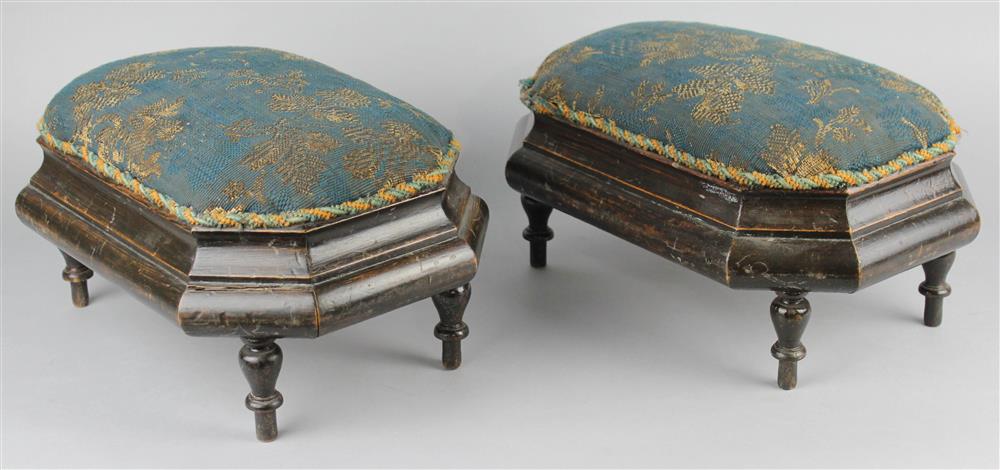 Appraisal: PAIR SCANDINAVIAN PINE FOOTSTOOLS each having an upholstered top over