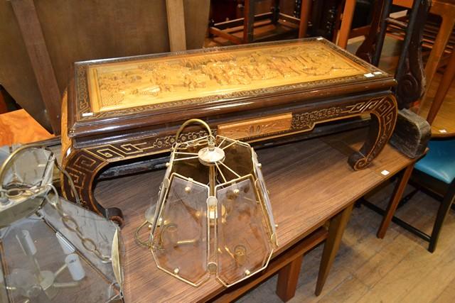 Appraisal: ORNATELY CARVED ORIENTAL TABLE WITH A GLAZED TOP ORNATELY CARVED