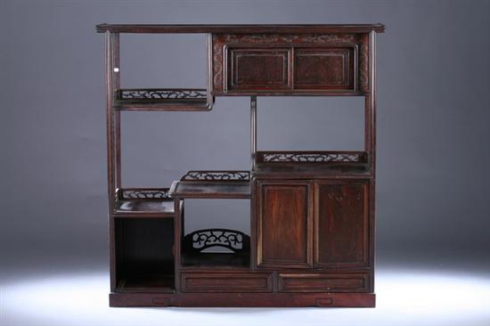 Appraisal: CHINESE HARDWOOD TIERED DISPLAY CABINET th century Rectangular outline with