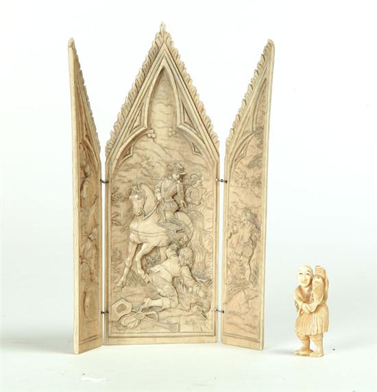 Appraisal: IVORY TRIPTYCH AND NETSUKE European late th century folding triptych