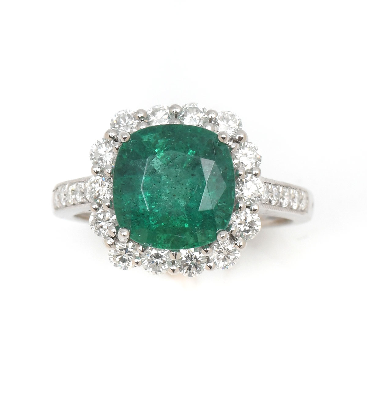 Appraisal: PLATINUM CTW EMERALD DIAMOND RING A single square CT cushion