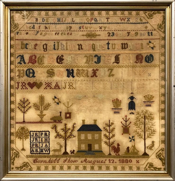 Appraisal: Silk on Linen Sampler Silk on linen sampler with A