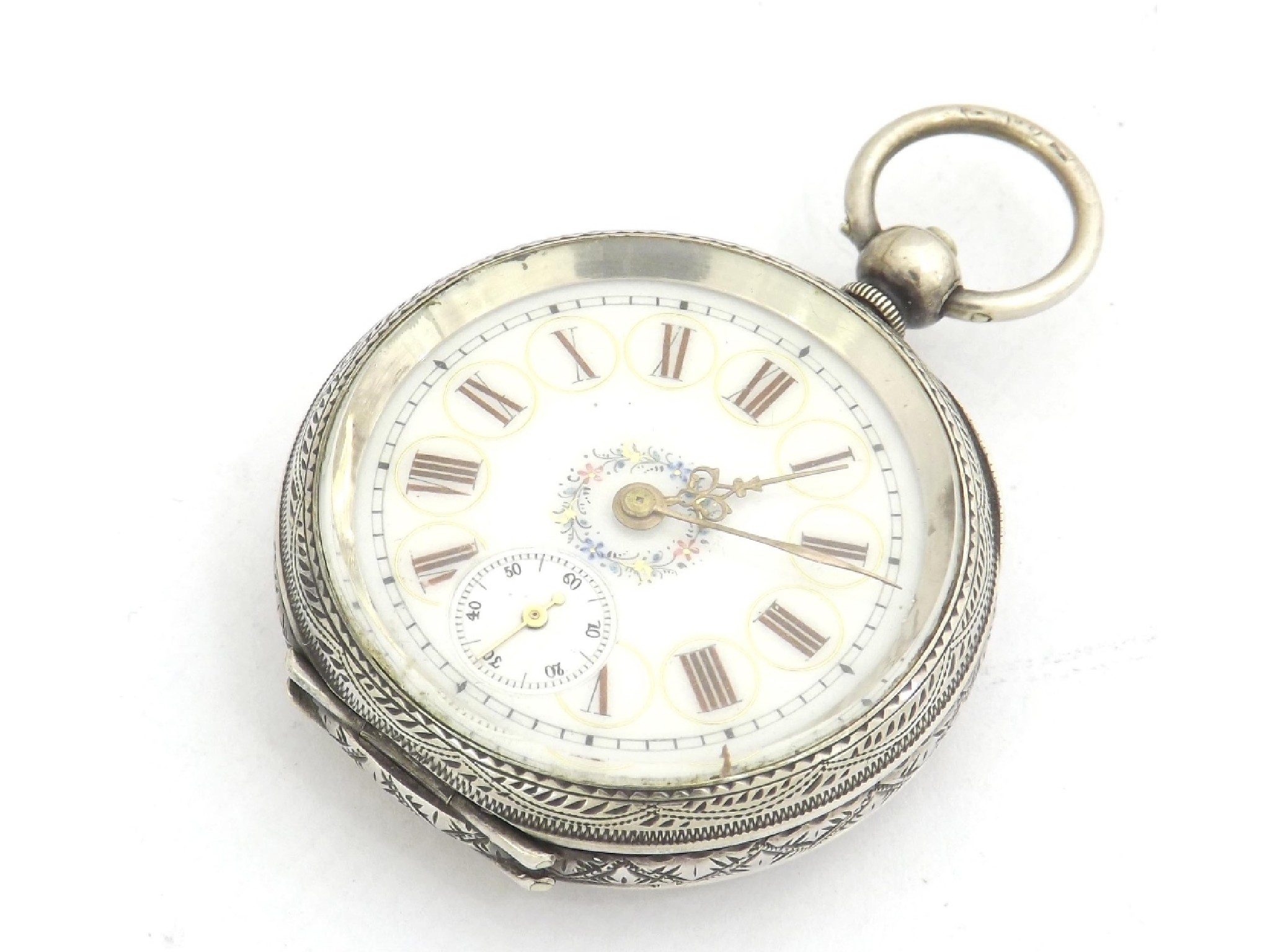 Appraisal: Swiss cylinder silver engraved fob watch the gilt frosted movement