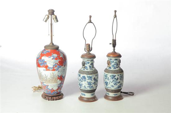 Appraisal: THREE TABLE LAMPS Asian th century porcelain Imari vase with