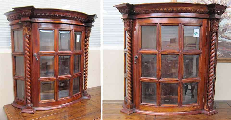 Appraisal: SMALL PAIR OF MAHOGANY CURIO CABINETS wall-mount or counter top