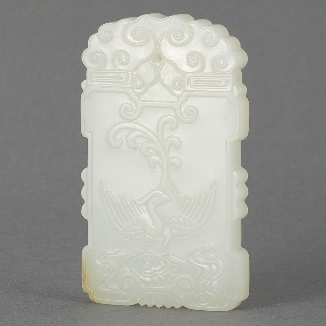 Appraisal: Chinese White Jade Pendant Of shaped rectangular form carved on