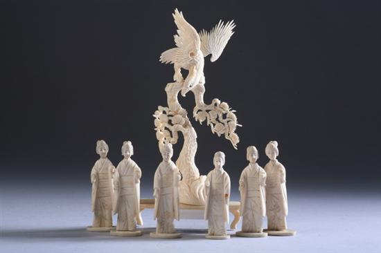 Appraisal: SEVEN JAPANESE IVORY OKIMONO OF GEISHA AND BIRD th century