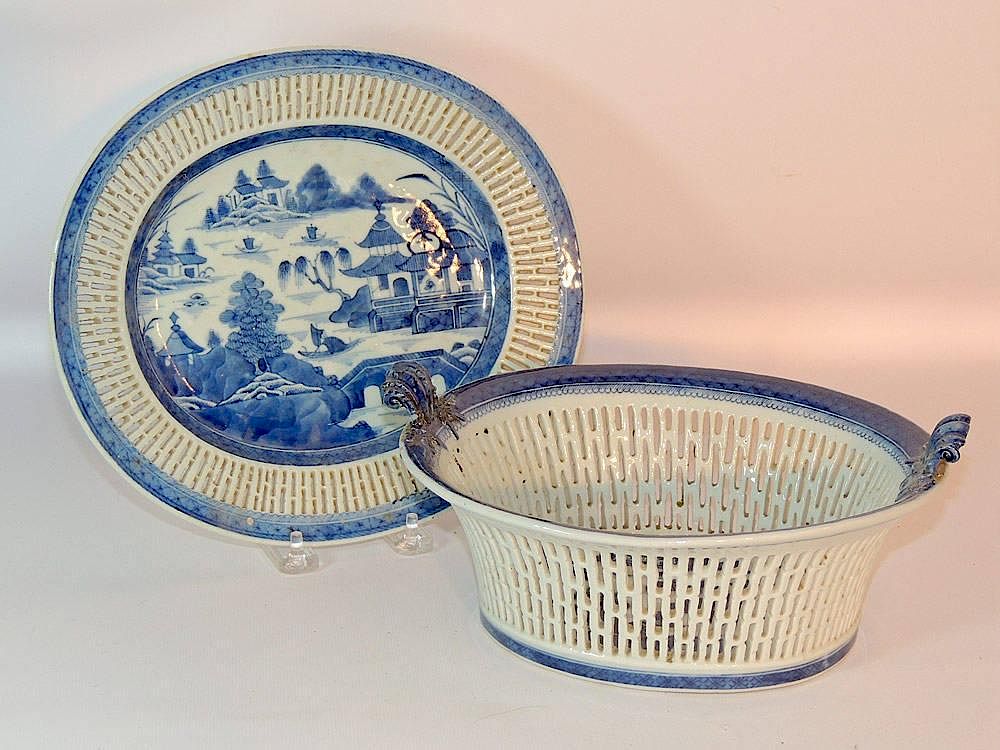 Appraisal: Chinese Canton Chestnut Basket Reticulated with blue underglaze decoration Basket