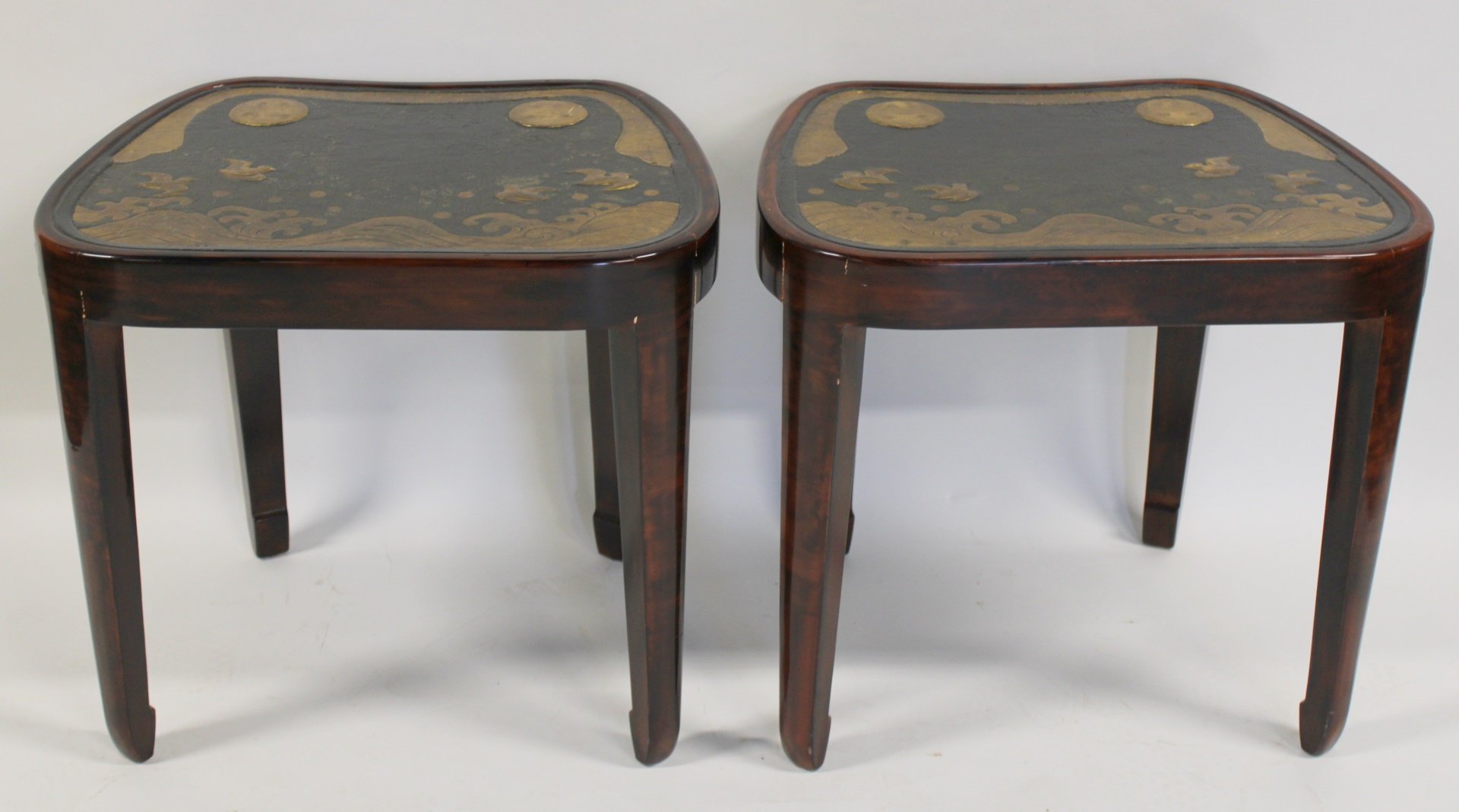 Appraisal: ART DECO PAIR OF EBONISED GILT DECORATED Leathertop Tables With