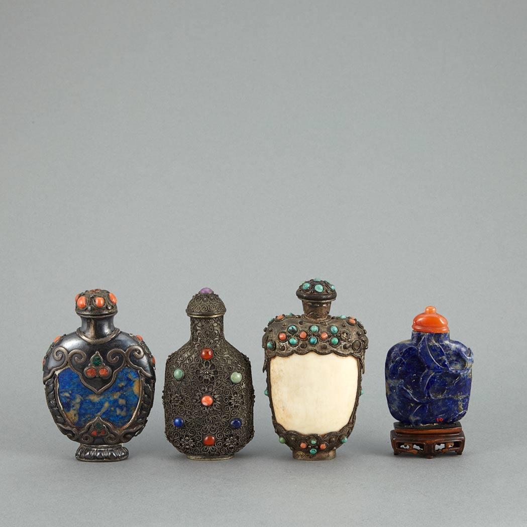 Appraisal: Group of Three Silver Mounted Snuff Bottles th th Century