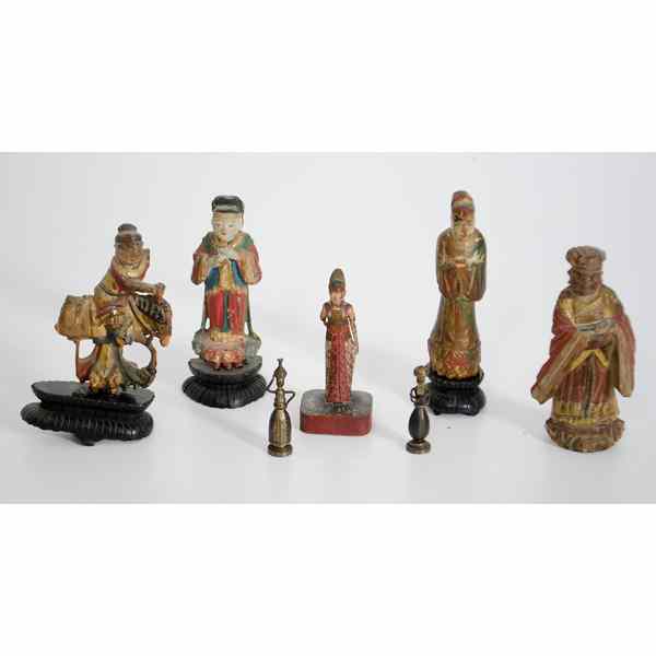 Appraisal: Chinese Carved Polychrome Wood Figures Plus Chinese An assembled group