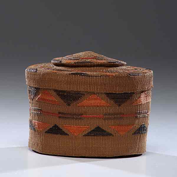 Appraisal: Tlingit Rattle-Top Basket finely woven with false embroidered design executed