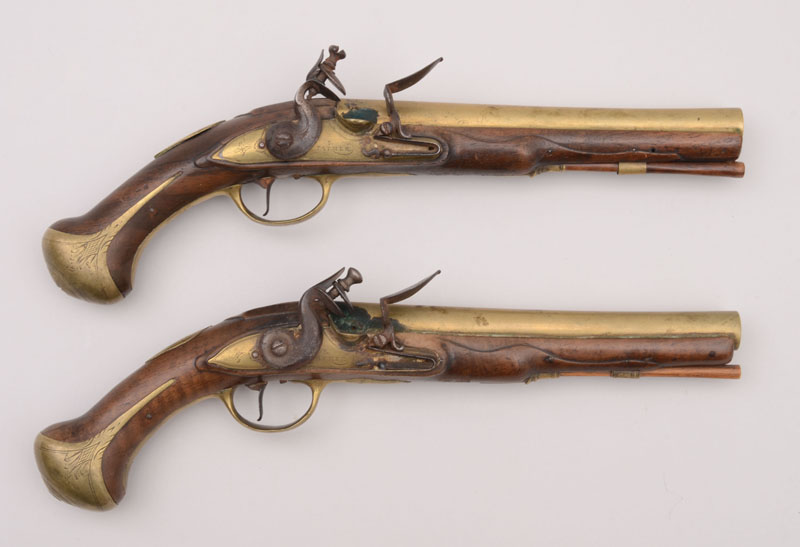 Appraisal: PAIR OF ENGLISH FLINTLOCK OFFICER'S PISTOLS Pair of brass-mounted long